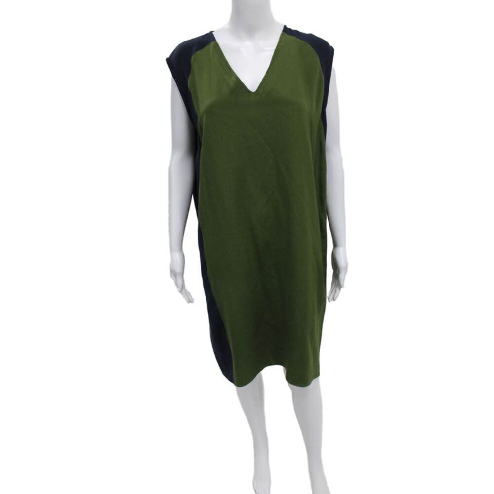 Derek Lam Women Shift Dress Green Silk V-Neck Sleeveless Short Size 12